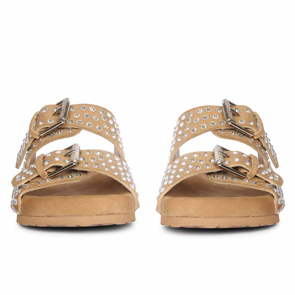 Riena Studded Double Buckle Beige Suede Leather Sandal