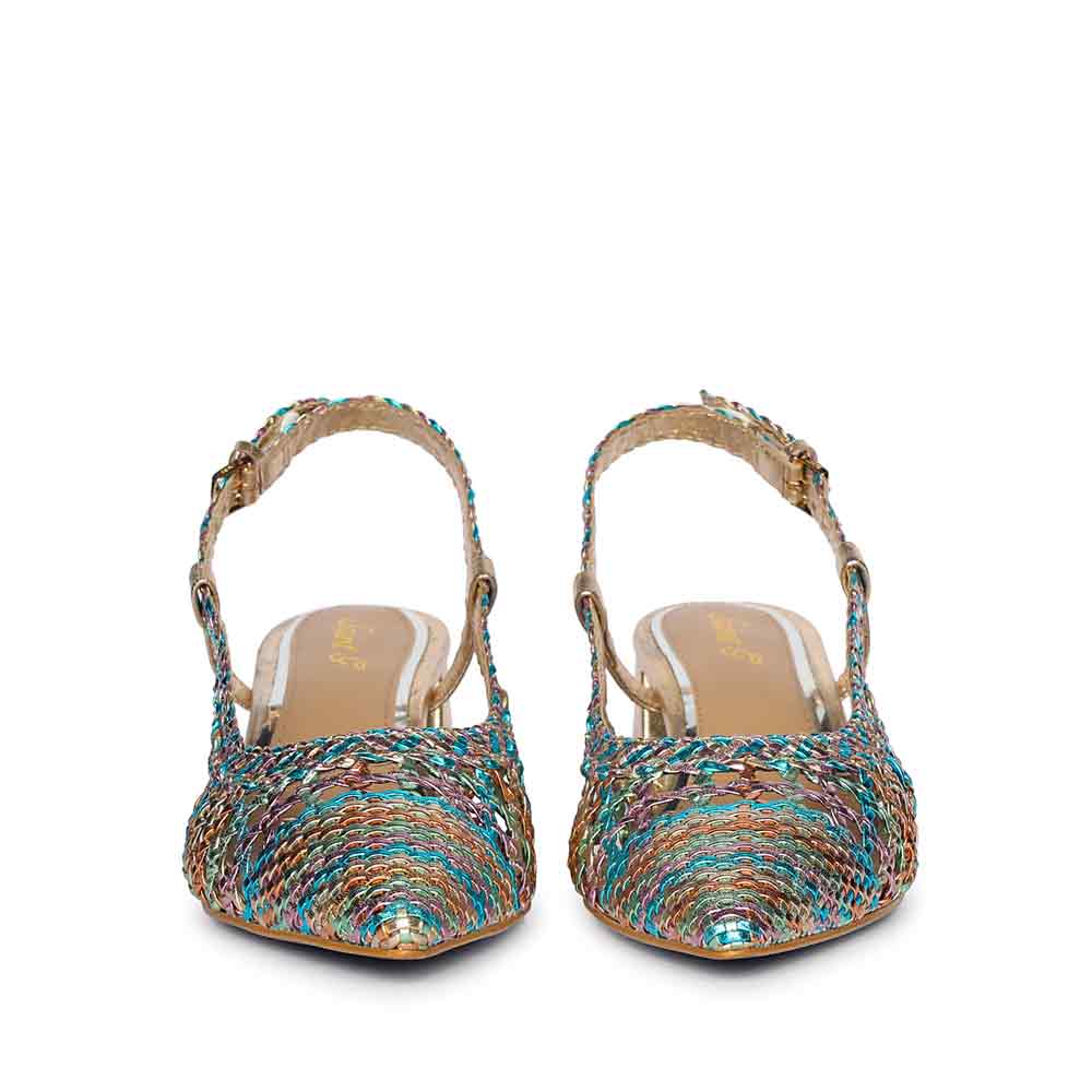 Saint Anya Turquoise Multi Hand Woven Leather Block Heels