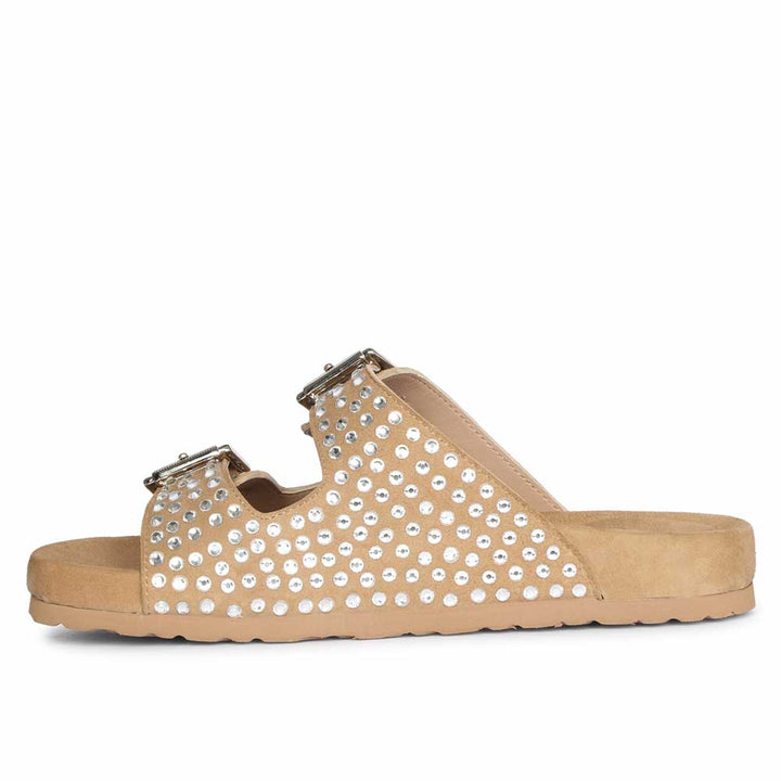 Riena Studded Double Buckle Beige Suede Leather Sandal