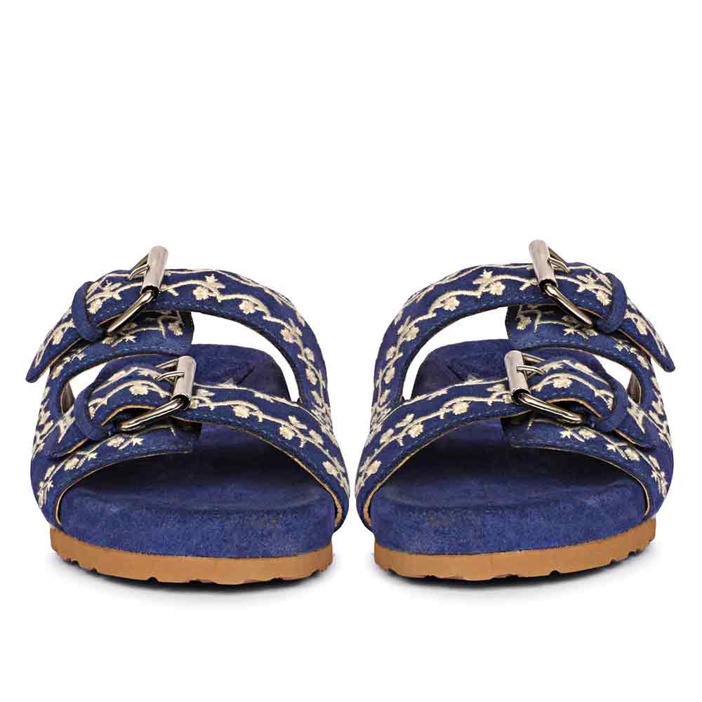 Angela Double Buckle Denim Suede Leather Sandal