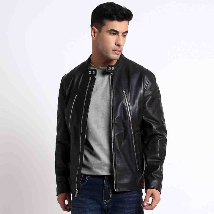 Saint Zachary Black Leather Men's Cafe Racer Jacket