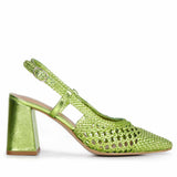 Saint Fabienne Green Metallic Hand Woven Leather Block Heels