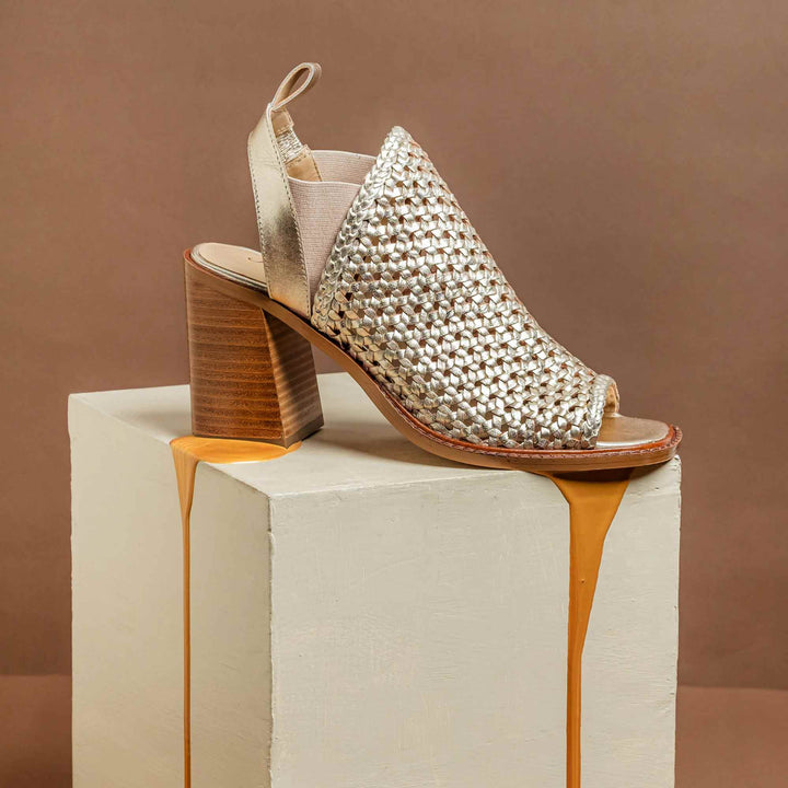 Saint Bella Gold Woven Leather Block Heels: Elegant and chic heels with intricate woven leather design