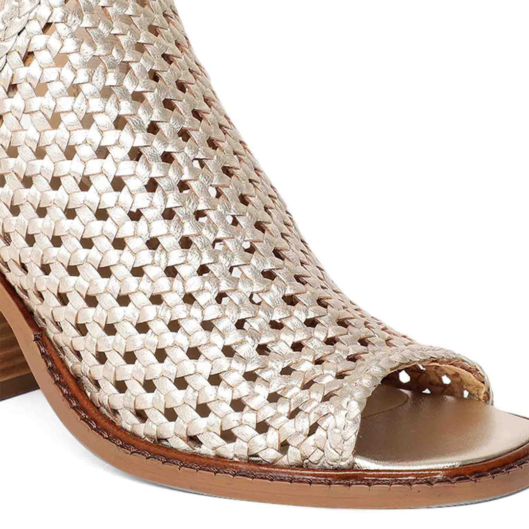 Saint Bella Gold Woven Leather Block Heels: Elegant and chic heels with intricate woven leather design