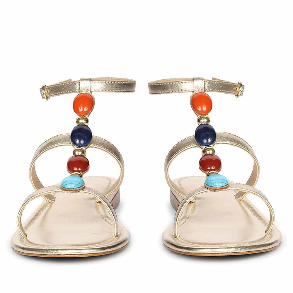Saint Tyas Multi Stone Gold Metallic Leather Sandals