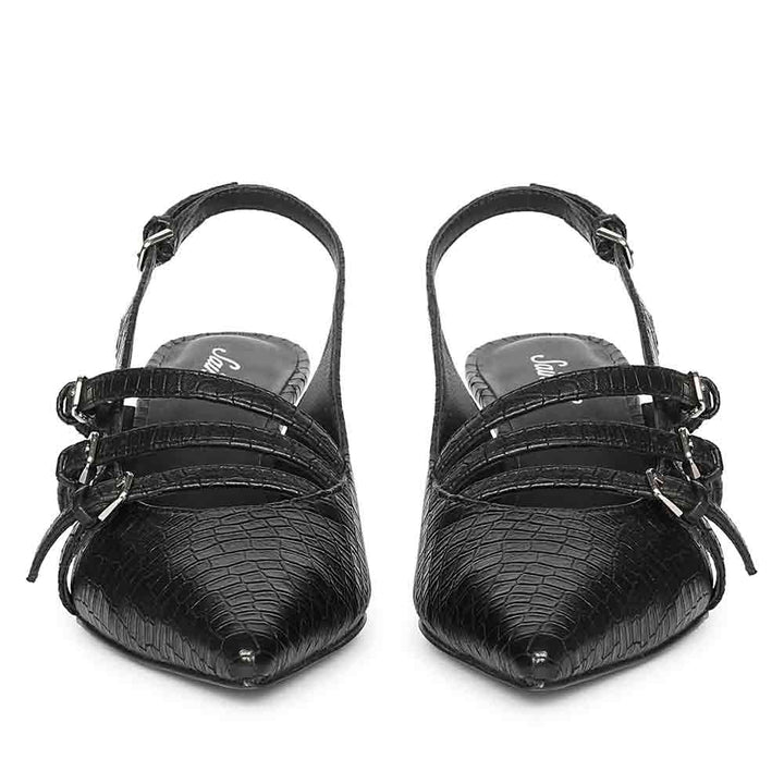 Saint Kayla Buckle Straps Black Croc Embossed Leather Pumps