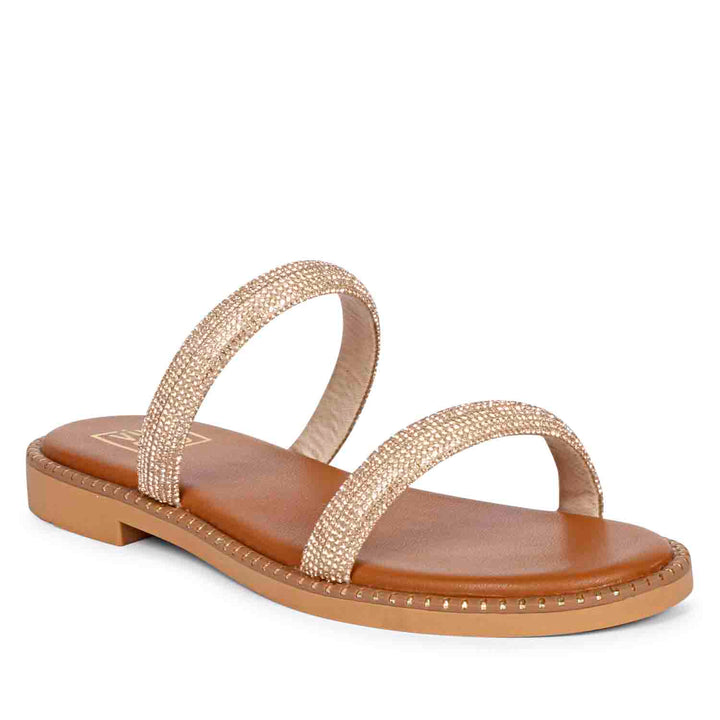 ViviBlu Zaeneb Champagne Leather Flat Sandals Embellished With Champange Straps