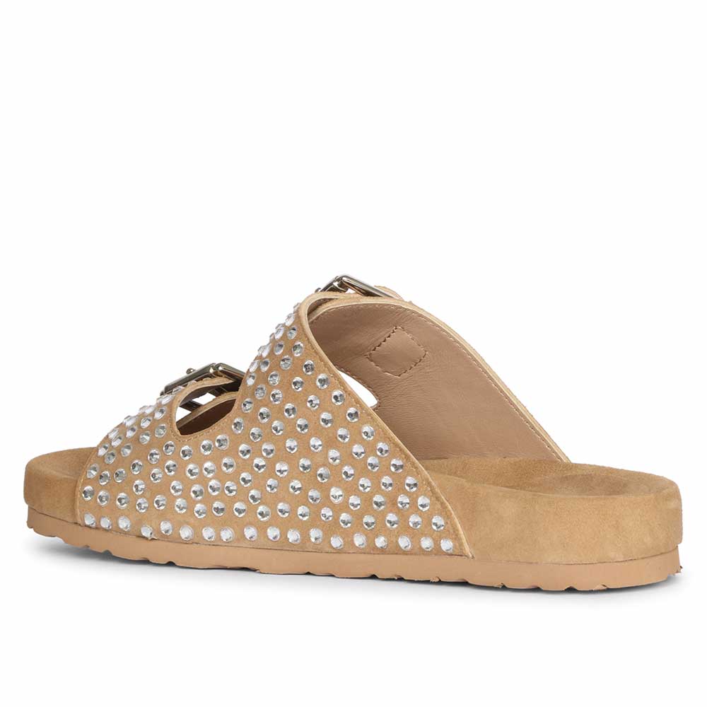 Riena Studded Double Buckle Beige Suede Leather Sandal