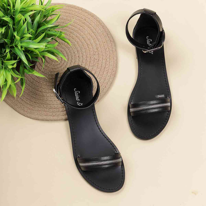 Saint Donelle Zip Decor Black Leather Sandals