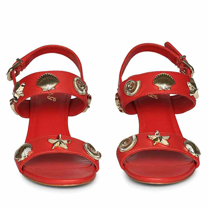 Saint Ravena Seashell & Star Embellished Goji Berry Leather Stilettos