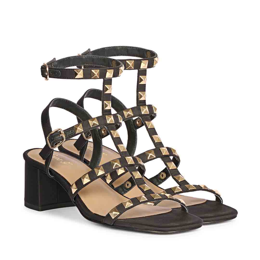 Saint Angela Metal Studded Double Buckle Black Heels