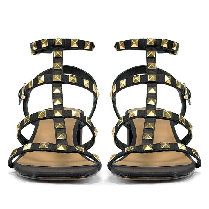 Saint Angela Metal Studded Double Buckle Black Heels