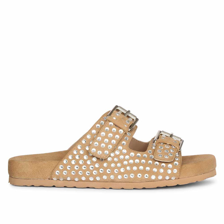 Riena Studded Double Buckle Beige Suede Leather Sandal