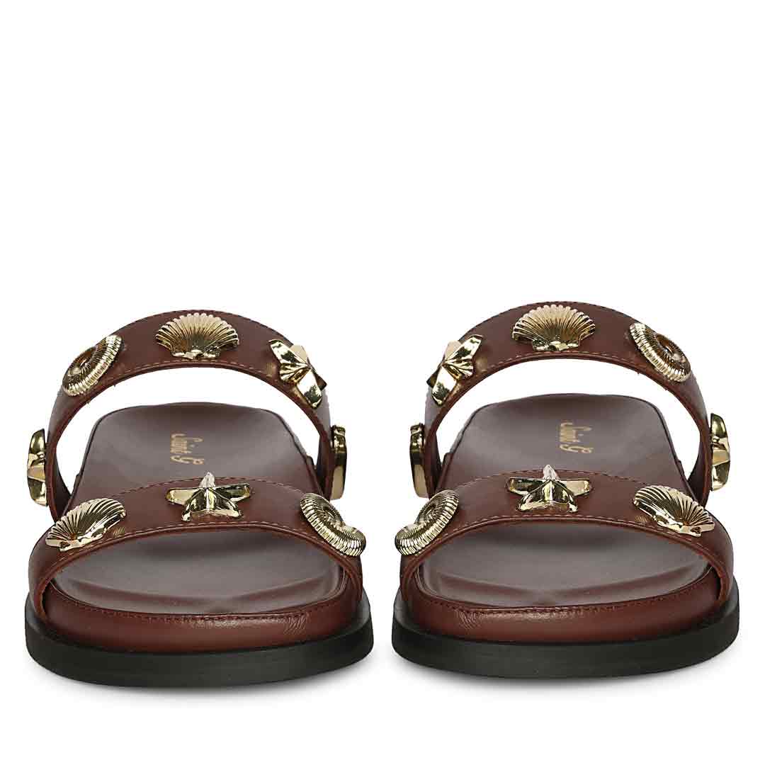 Saint Hallie Seashell & Star Studs Brown Leather Sandals