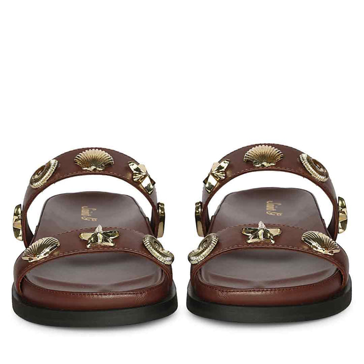 Saint Hallie Seashell & Star Studs Brown Leather Sandals