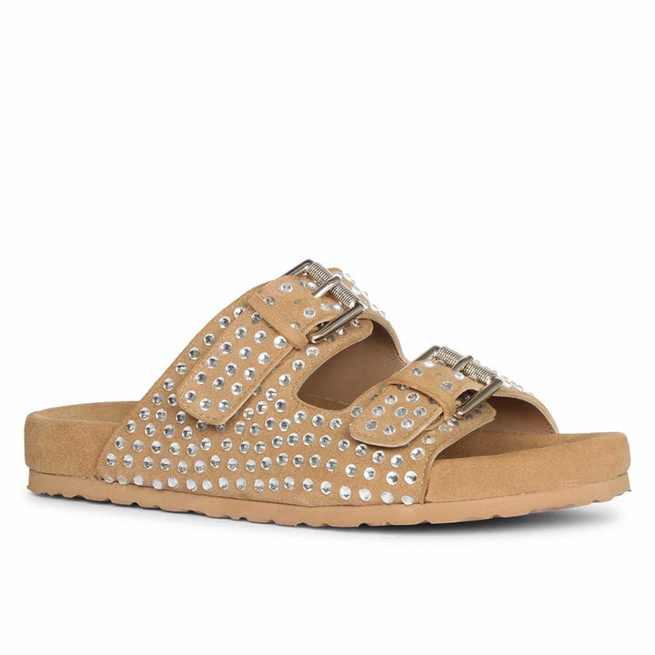 Riena Studded Double Buckle Beige Suede Leather Sandal