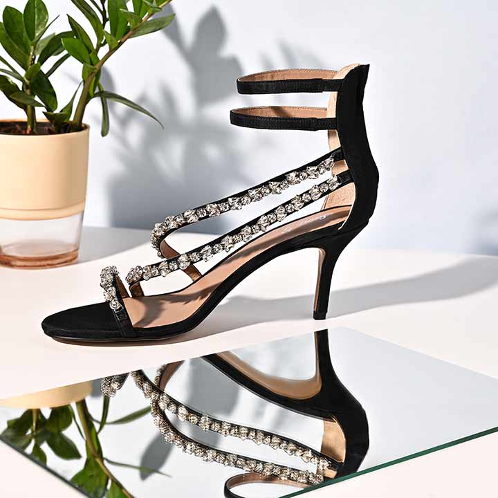 Saint Vittoria Silver Stone Strappy Black Leather Stilettos