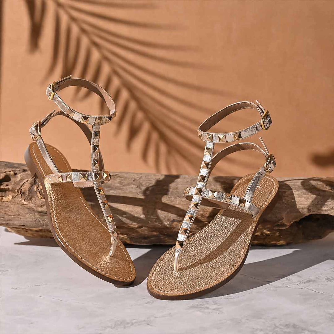 Saint Irene Platin Leather Metal Studded Flat Sandals.