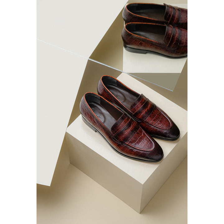Saint Ansprand  Brown Croco Embossed Leather Loafers