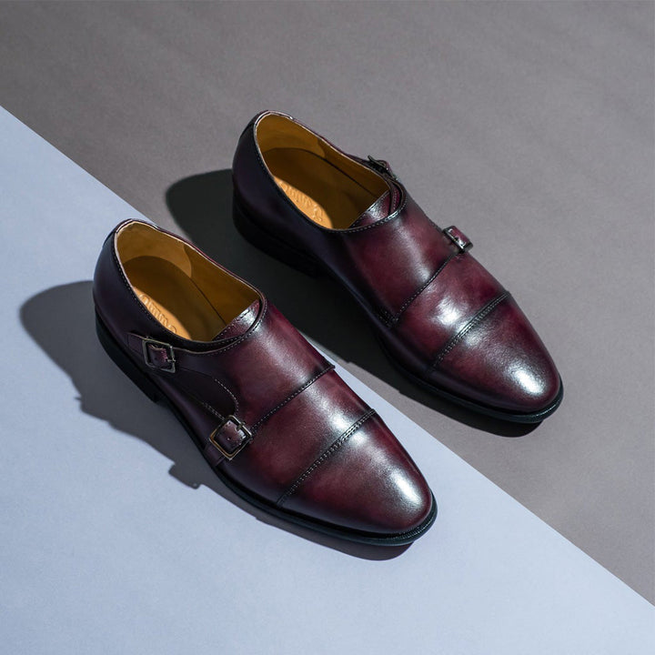 Saint Alboin Two Color Toned Red Leather Double Buckled Monk Strap Shoes