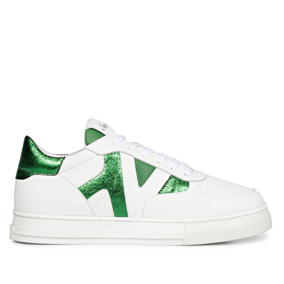 White & Green Leather Handcrafted Sneakers for mens