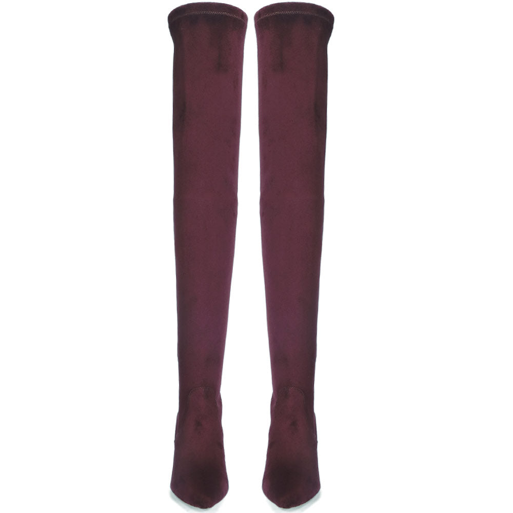 Pair of burgundy over-the-knee boots in India