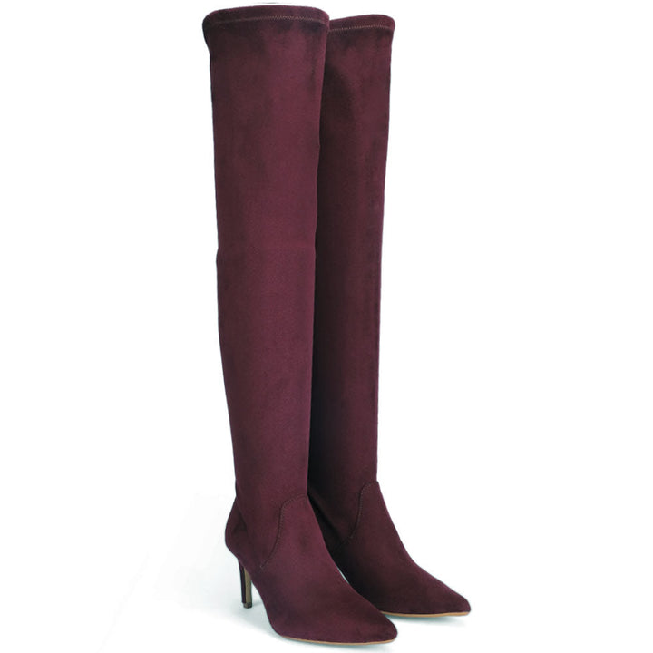 Pair of maroon knee-high boots 