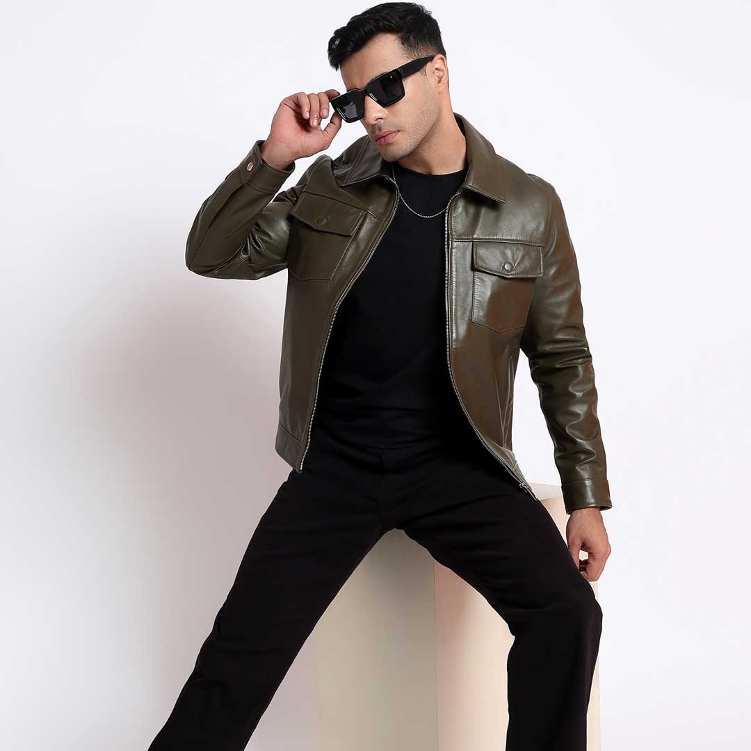 Saint Ruben Olive Leather Men's Jacket With Collars L / Olive Saint Ruben Olive Leather Men's Jacket With Collars L / Olive