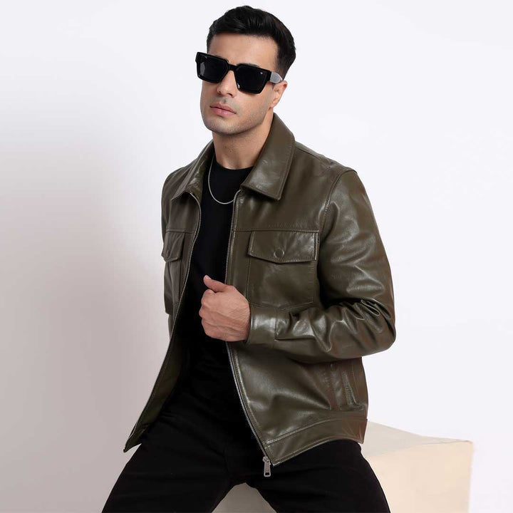 Saint Ruben Olive Leather Men's Jacket With Collars