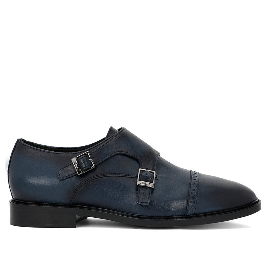 Saint Perctarit Blue Leather Double Buckle Monk Brogue Shoes - SaintG India