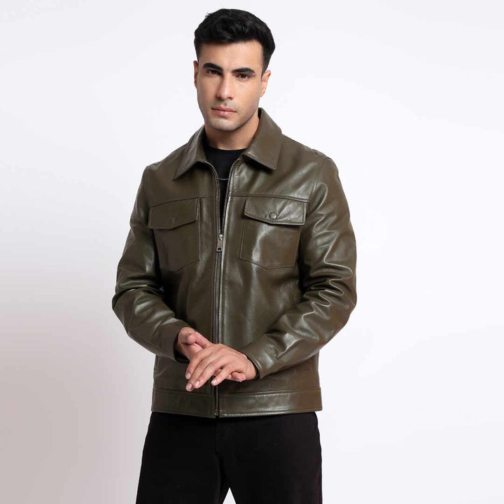 Saint Ruben Olive Leather Men's Jacket With Collars