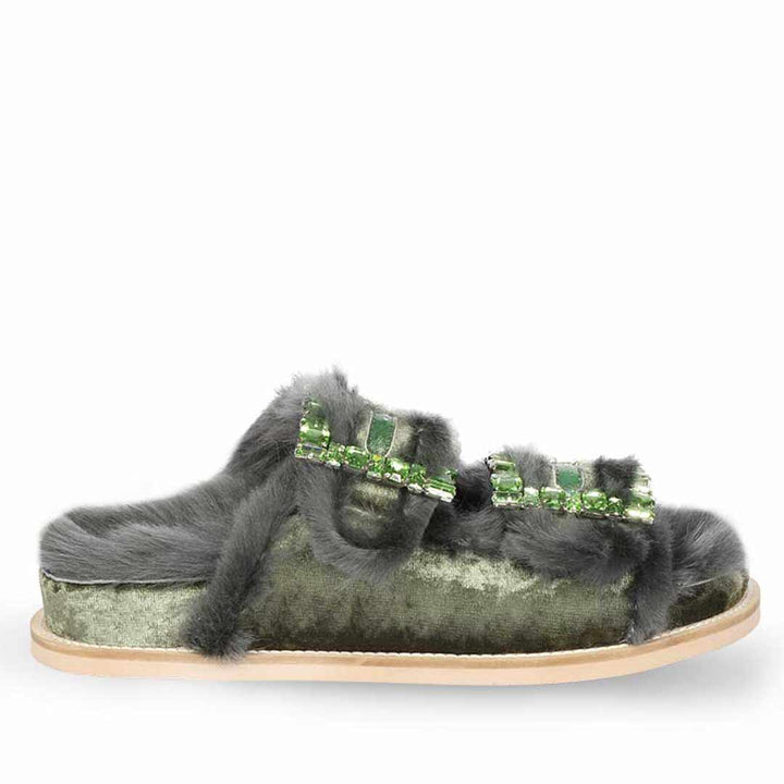 Saint Gemma Crystal Buckle Pastel Green Fur Snug Sandals