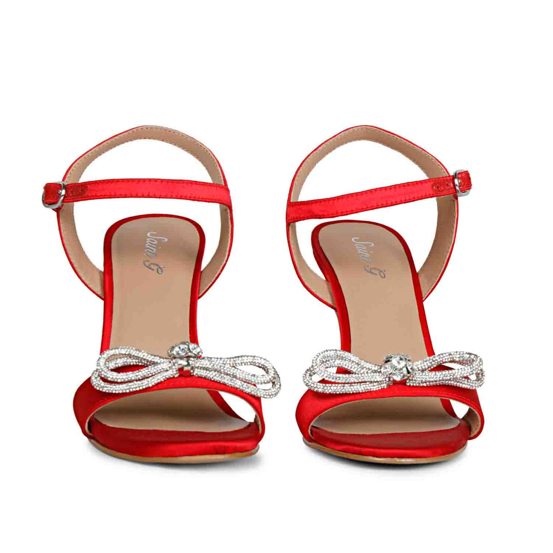 Chic red satin heels by Saint Hayden with crystal bow