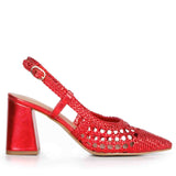 Saint Fabienne Red Metallic Hand Woven Leather Block Heels