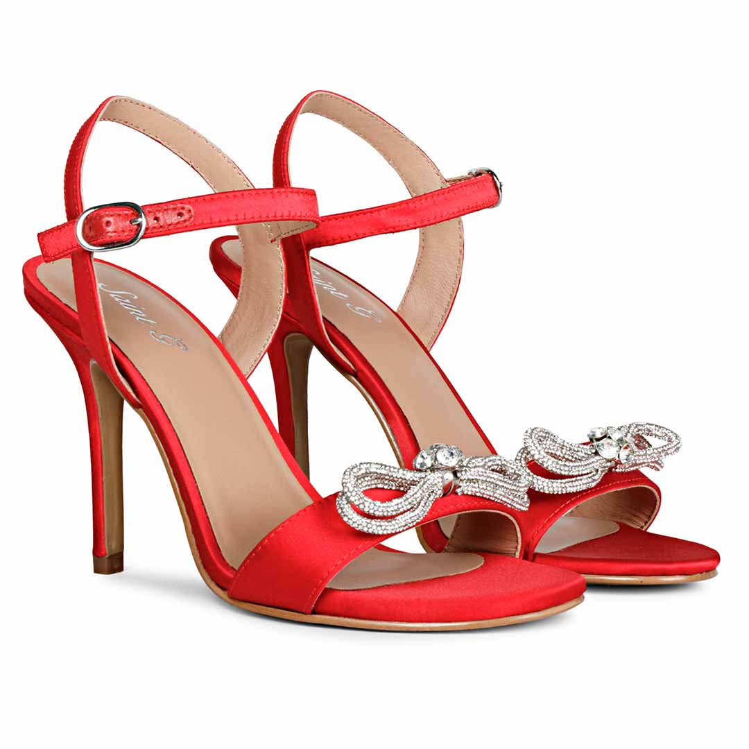 Chic red satin heels by Saint Hayden with crystal bow