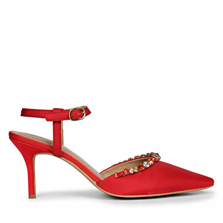 Saint Leila Multi Stone Embellished Red Nylon Fabric Pumps