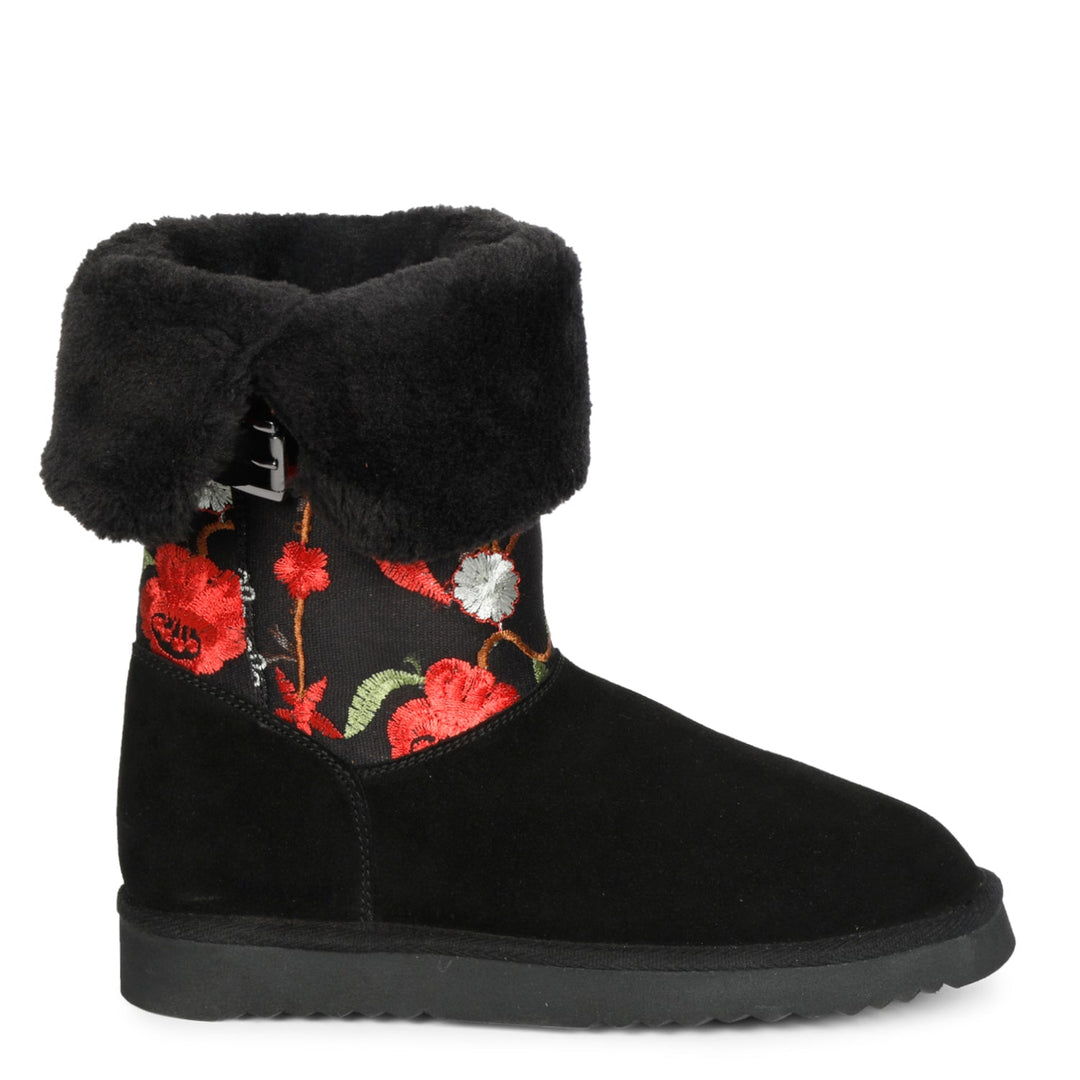 Saint Gloire Buckle Décor Boots - Floral Embroidery, Snug Fit, Fashionable Style