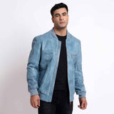 Saint Jenson Blue Leather Men's Bomber Jackets