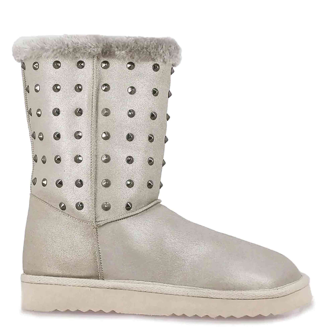 Saint Cassandra Silver Glitter Snug Boots with Metal Studs - Chic and comfy footwear for a stylish statement