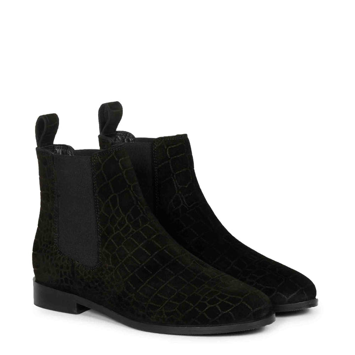 Saint Diane Black Suede Croco Print Leather Ankle Boots