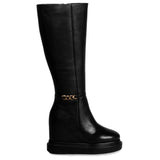 Saint Audrey Chain Décor Black Leather Inside Wedge Heel Long Boots