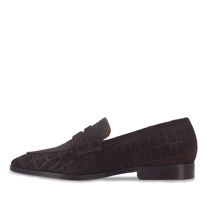 Saint Alessandro Brown Suede Croco Print Leather Loafers