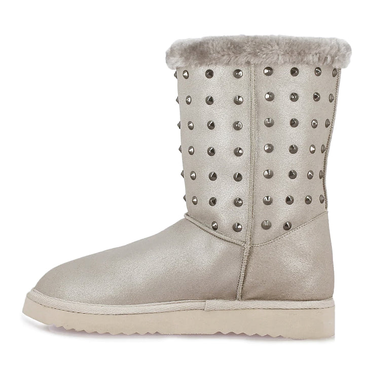 Saint Cassandra Silver Glitter Snug Boots with Metal Studs - Chic and comfy footwear for a stylish statement