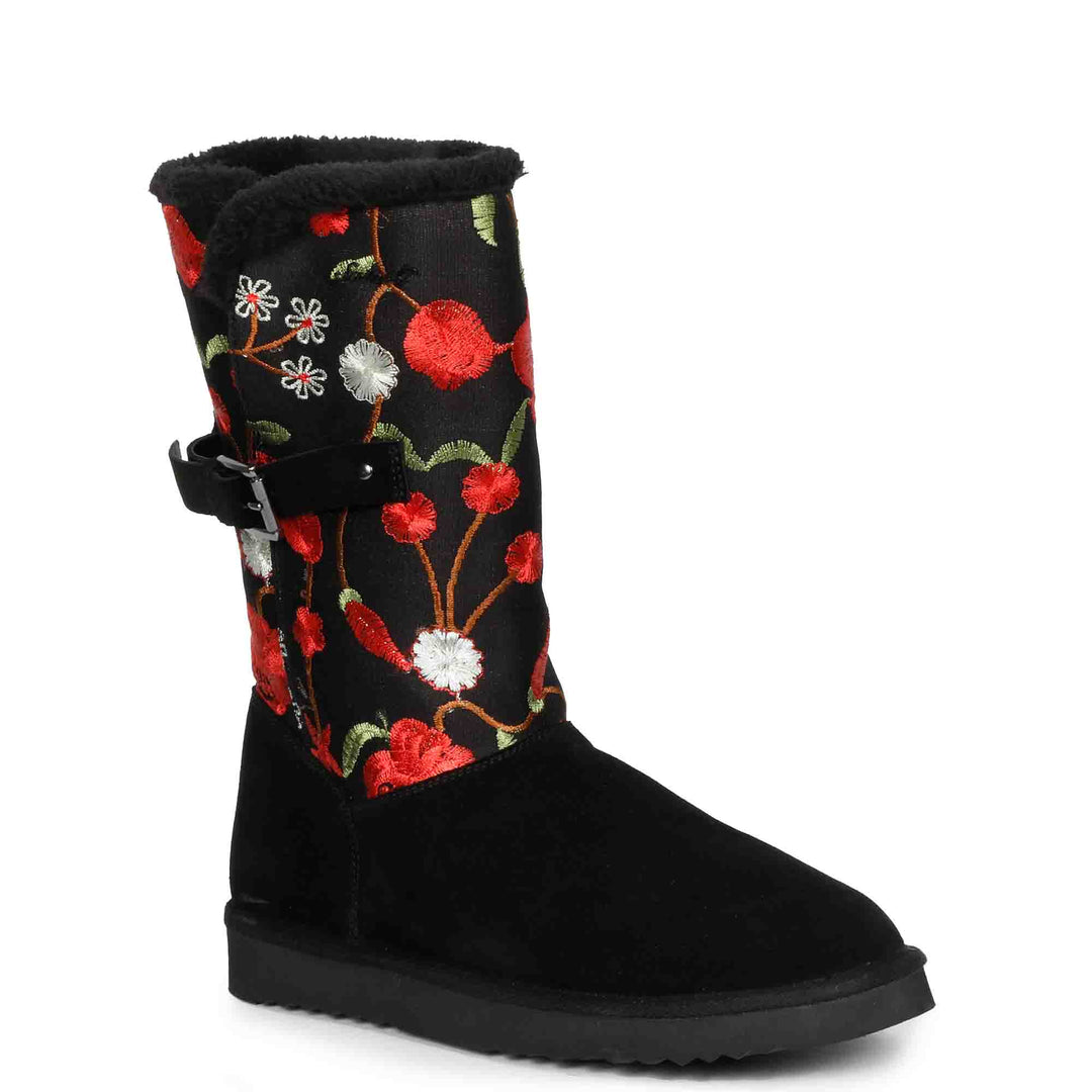 Saint Gloire Buckle Décor Boots - Floral Embroidery, Snug Fit, Fashionable Style