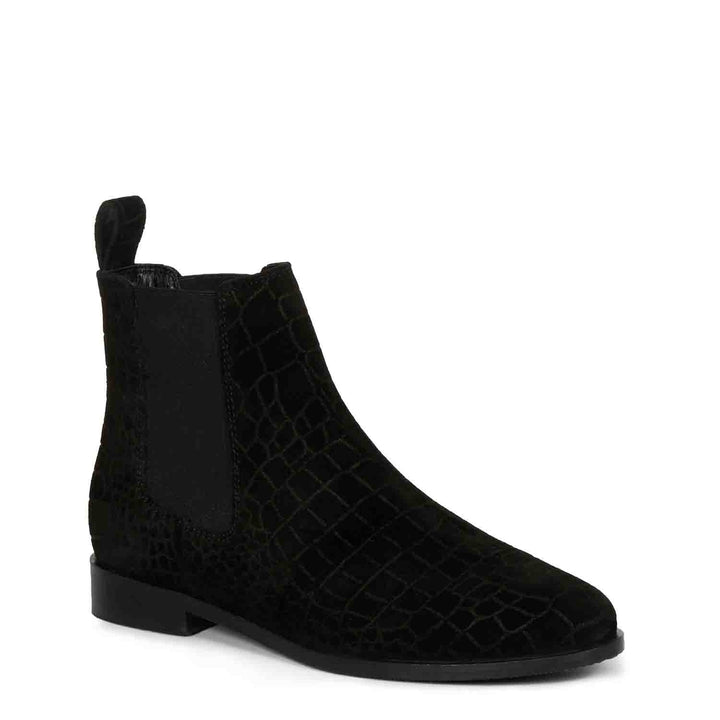 Diane Black Suede Croco Print Leather Ankle Boots