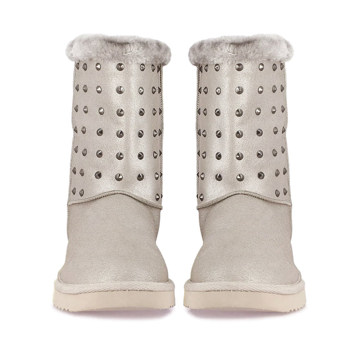 Saint Cassandra Silver Glitter Snug Boots with Metal Studs - Chic and comfy footwear for a stylish statement