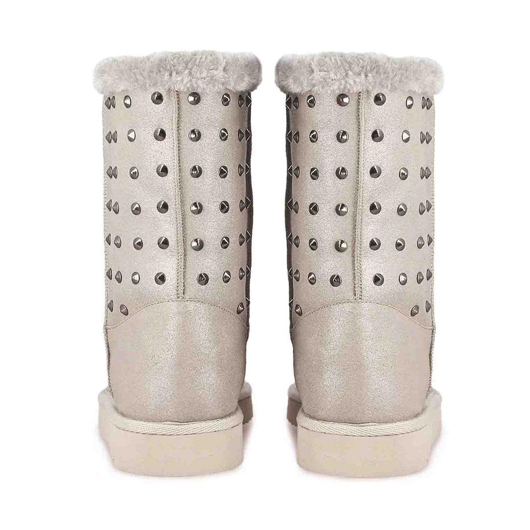 Saint Cassandra Silver Glitter Snug Boots with Metal Studs - Chic and comfy footwear for a stylish statement