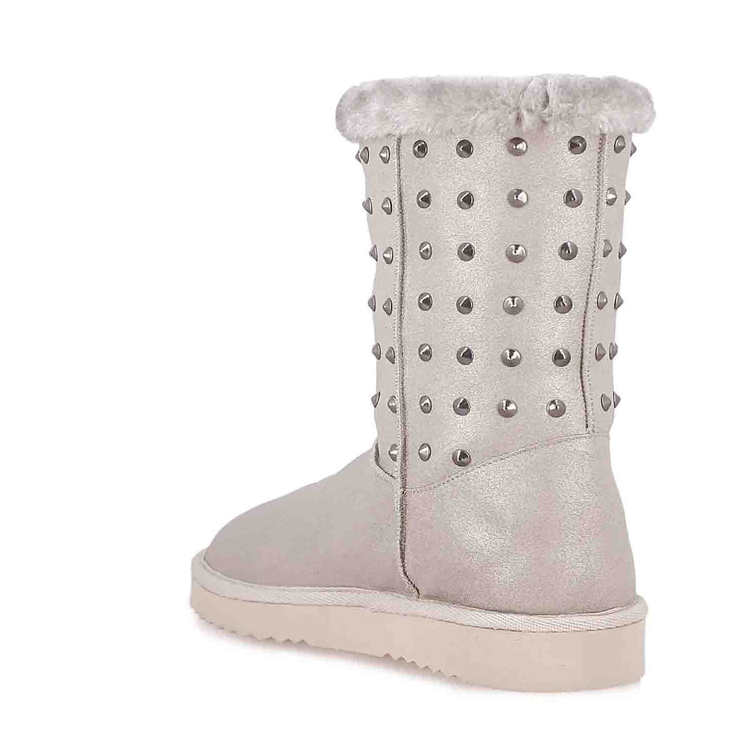 Saint Cassandra Silver Glitter Snug Boots with Metal Studs - Chic and comfy footwear for a stylish statement