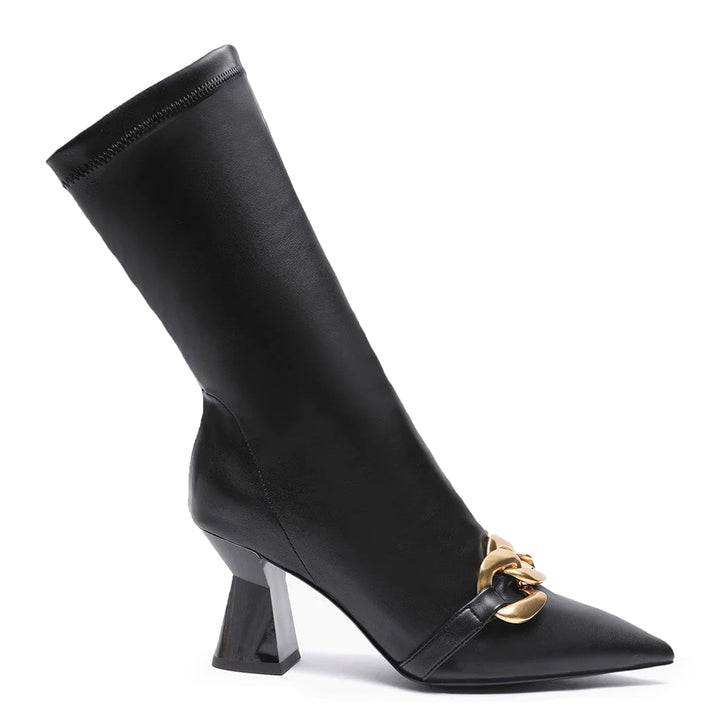 Sleek black pointed heel boots, Saint Rosalie, crafted with stretch Napa for a chic look. Elevate your style with these sophisticated calf boots