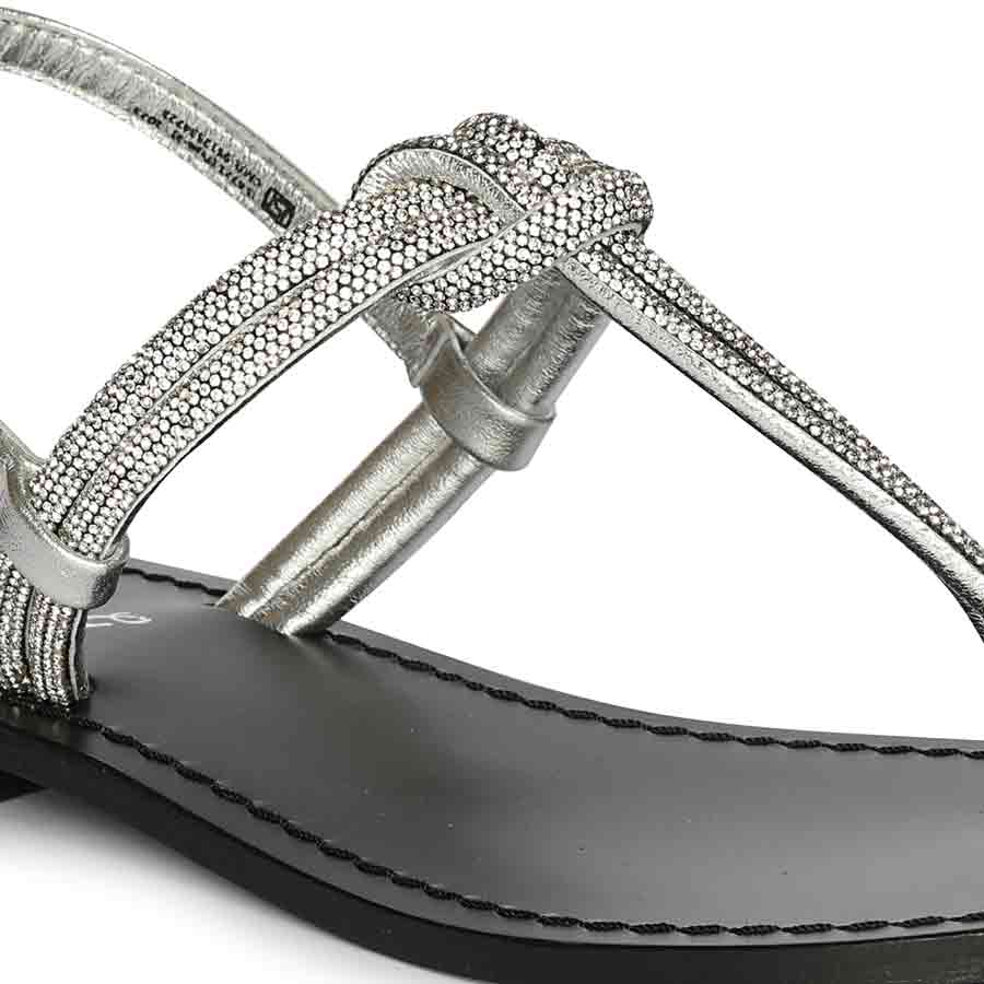 Saint Elsie Crystal Cord Metallic Silver Leather Flat Sandals